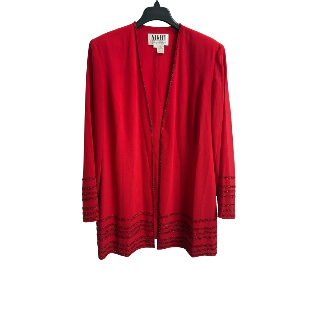Night Studio New York Red Beaded Silk Blend Open Front Evening Jacket Size 20